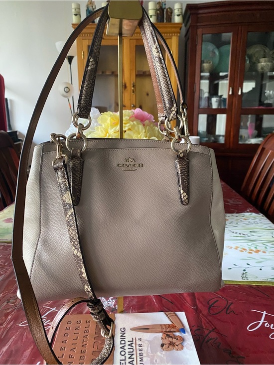 Coach Handbags - Coach Taupe Pebbled Leather Shoulder Satchel with Snake-Print Trim